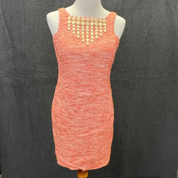 TRINA TURK  Shift Dress Clementine Orange Linen Blend Embellished 4 - Picture 1 of 9